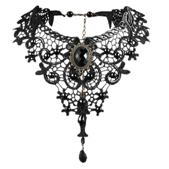 New Victorian Gothic Black Lace Choker Necklace with Gemstone Centerpiece - Picture 8 of 9
